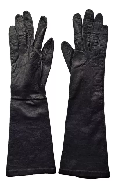 Vtg Aris Of Paris Real Kid Womens Sz 6.5 Black Leather Silk Lined Long Gloves