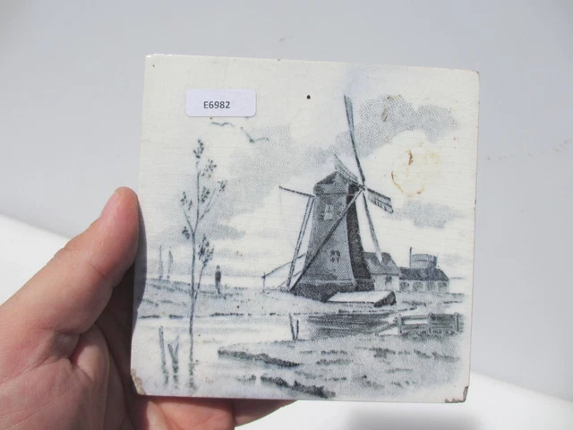 Antique Ceramic Tile Vintage Old Dutch Farmhouse Windmill River Scene