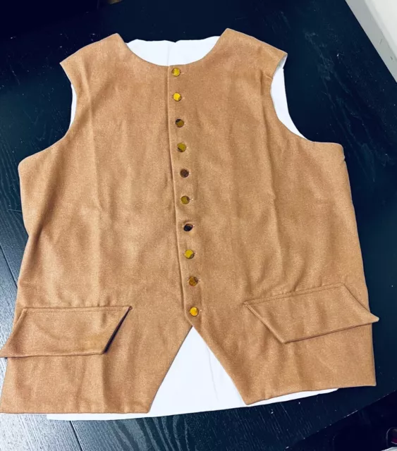 18th Century Waistcoat - Officer 44" chest Tan /Buff Wool, Colonial, NEW, brass