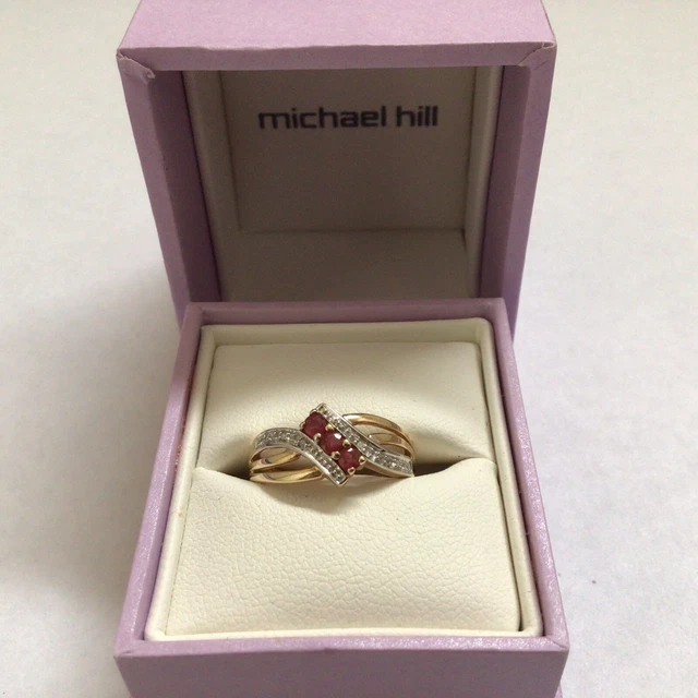 MICHAEL HILL SOLID 10ct Yellow Gold Ruby Ring w Diamond Accents