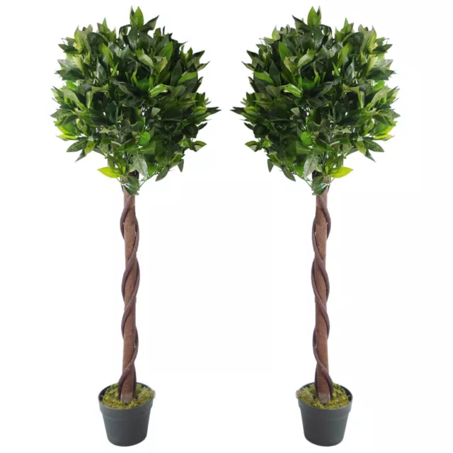 Artificial Topiary Bay Laurel Natural Trees Pair of 120cm 4ft Real Wood Trunk