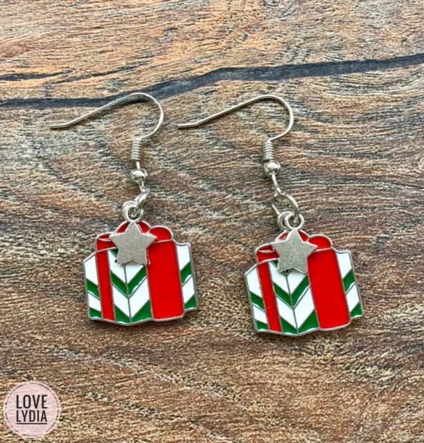 NUOVI orecchini rosso bianco verde regalo di Natale fiocco stella colore argento