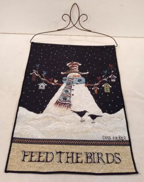 Mr. Snowman FEED THE BIRDS jacquard woven wall hanging tapestry 18" x 13" - MINT