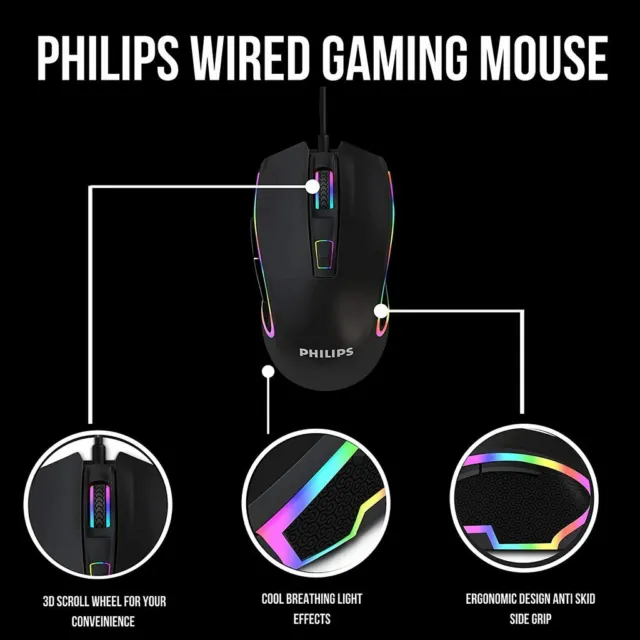 Philips Wired Gaming Mouse RGB Optical USB LED Mice for PC Gamers 3