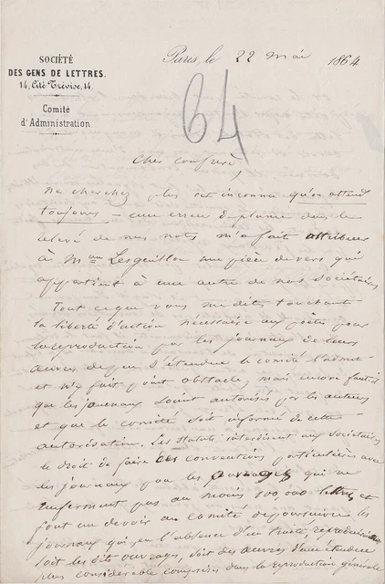 Lettre autographe signée au poète Armand Renaud Edouard Charton (1807-1890) | Barnebys
