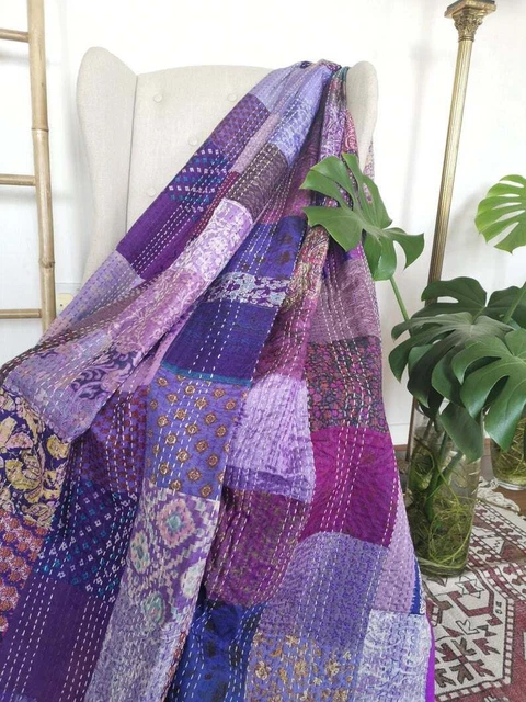Bohemian Patchwork Quilt Kantha Quilt Handmade Vintage Silk Quilts All Size