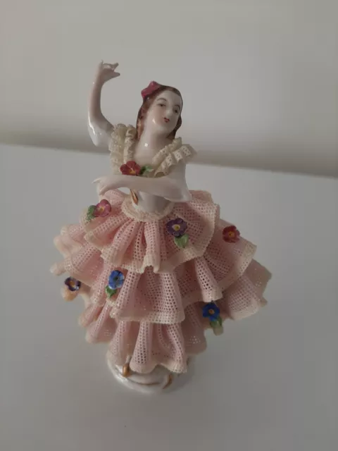 Vintage Dresden Alka Lace  Ballet Dancer Porcelain Figurine In Pink Dress