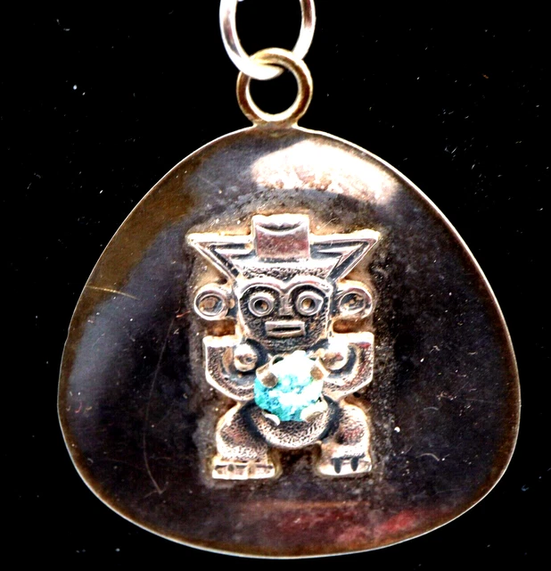 Aztec 900 Silver & Uncut Stone Medallion Pendant 2"
