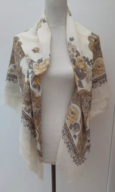 Square Floral Paisley Fringe Tassel Neck Scarf  Brown Gold Beige Shawl Ladies 2