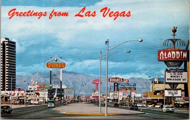 Vintage Greetings from Las Vegas Strip Hotels Aladdin Dunes Casinos Postcard