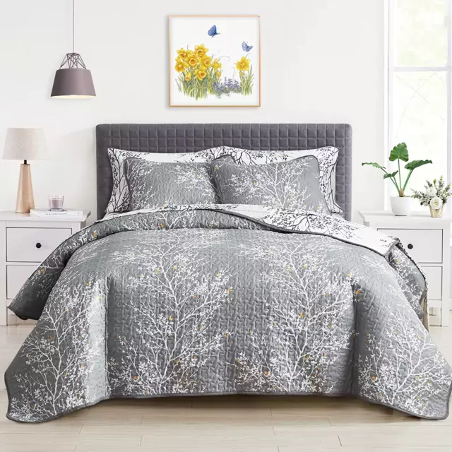 3 Piece Reversible Quilt Set Gray White Branch with Yellow Dots Queen Full Size