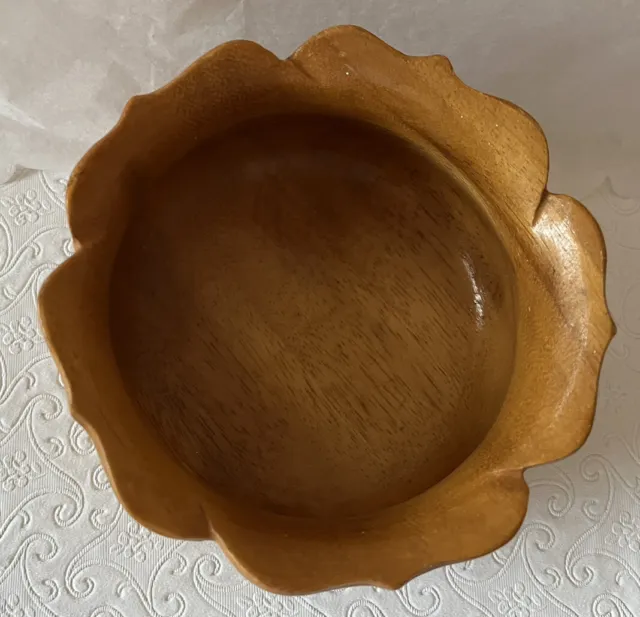 Vintage Hand Carved Monkey Pod Flower 5”Bowl Dish Hawaii 2