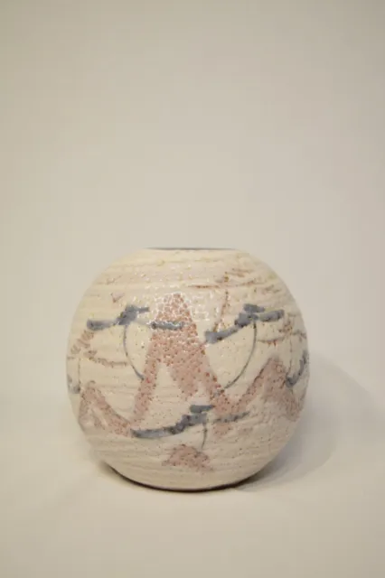 Shino Ware Round Vase Vintage Mino Pottery Japan Abstract Mountain Tree Scene