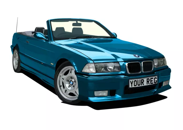 POSTER - BMW E36 M3 - (A4, A3, A2 Size) - CHOOSE REG & Colour PERSONALISE Car