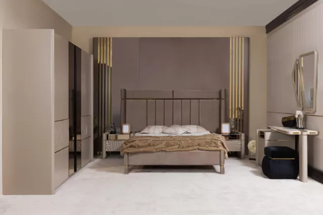 Chambre à Coucher Set Lit 2x Table de Chevet Penderie Coiffeuse avec Miroir 5tlg
