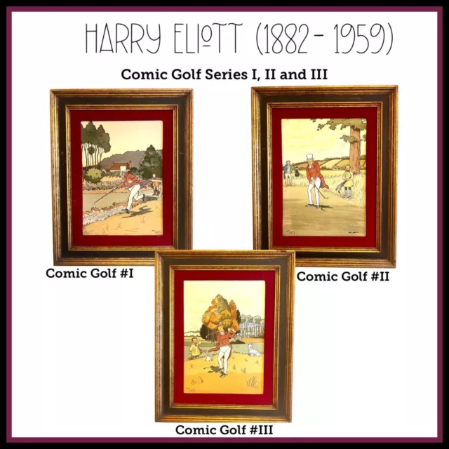 Harry Eliott "Comic Golf" Vintage Set of 3 Framed Lithograph Prints Wall Art HTF