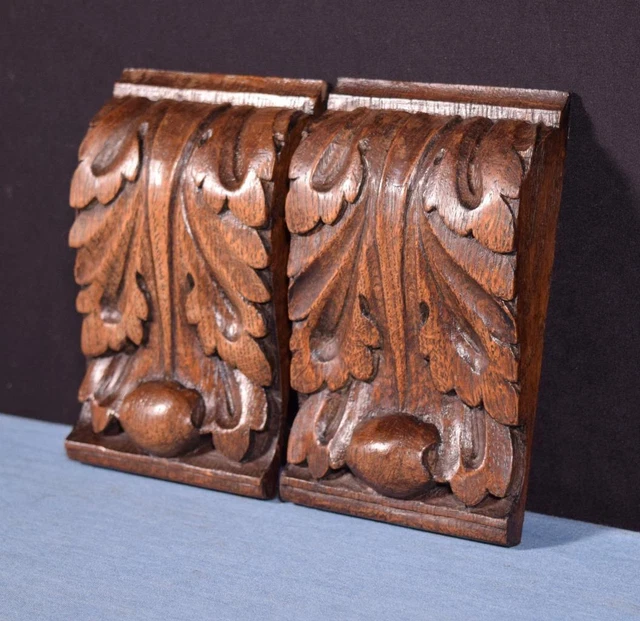 5" Pair of French Antique Renaissance Corbels Hand Carved Oak Wood Trim