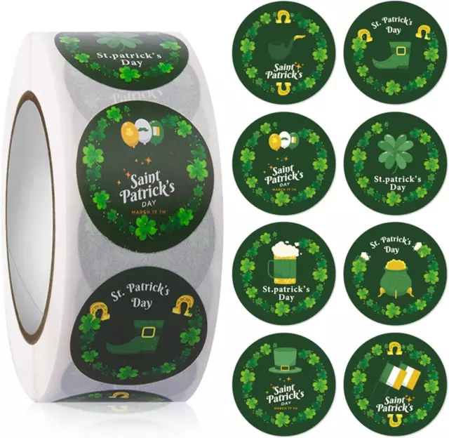 500Pcs St Patricks Day Stickers Roll,Green Irish Shamrock Clover 8 Designs Label