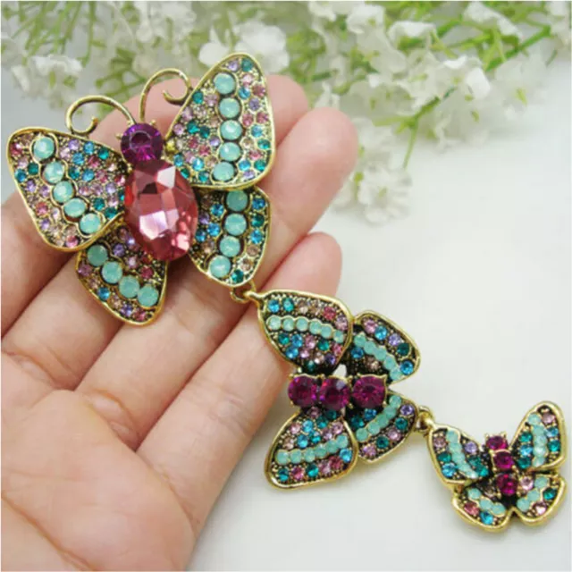 Pendentif Vintage 3 Papillons Femme Broche Broche Cristal Strass Multicolore