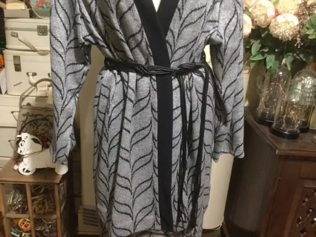 Vintage Knit Suit Full Length Skirt Open Front Jacket Black Grey Size 12-14-16 2