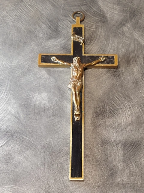 Vintage  pectoral cross brass with  inlaid Ebony wood 7 7/8” Crucifix