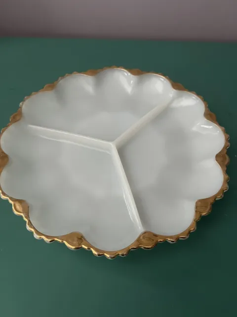 Vintage White Milk Glass Gold Trim Serving Dish Platter Sectioned