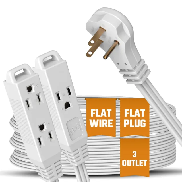 Flat 3-Outlet Extension Cord 15 Ft for Indoor Use by - UL-Listed 3-Prong Mult...