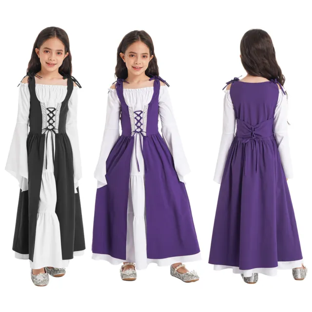Kids Girls Renaissance Dress Medieval Halloween Costume Flare Sleeve Ball Gown