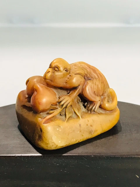 natural shoushan stone handwork carved monkey steals peach statue seal stamp