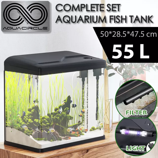 Aquarium Fish Tank Curved Glass RGB LED Light Complete Set Filter Pump 55L