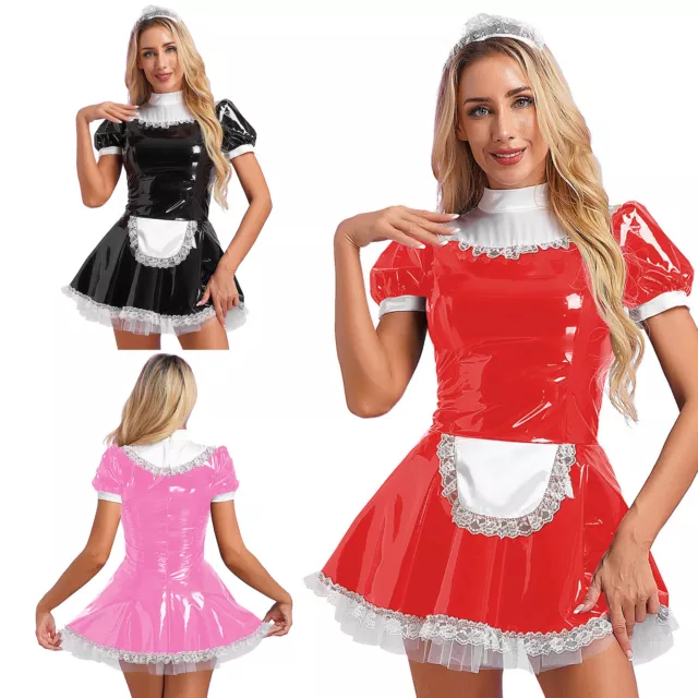 Damen Dienstmädchen Kostüm Lack Leder Minikleid Maid Uniform Clubwear Nachtclub