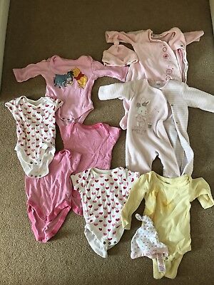 0-3 months pink  sleepsuit / baby grows / vests bundle mothercare x 10 Items