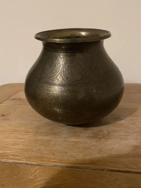 Antique Vintage Brass Lola Holy Water Pot Engraved Hindu Religious Indian