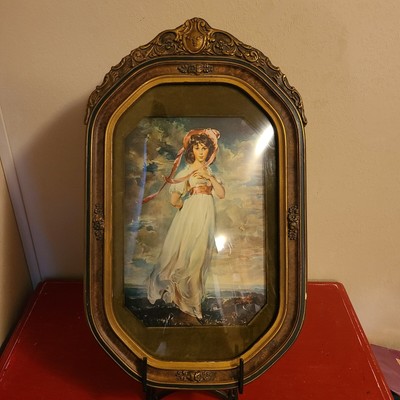 Antique Pinkie Girl Painting Green Velvet Matte In Convex Glass Ornate Frame