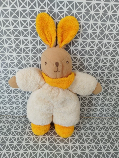 Doudou peluche grelot lapin beige orange  écru bandana Ajena 25 cm