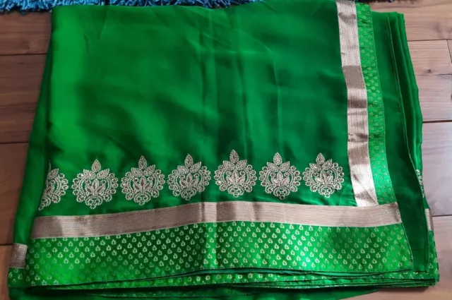 Lime Green Georgette Sari Gold Embellishment