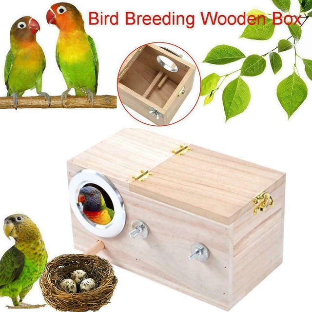 Caja de jaula de madera para mascotas para cría de pájaros nido podrido cabaña loro casa periquito E6F6