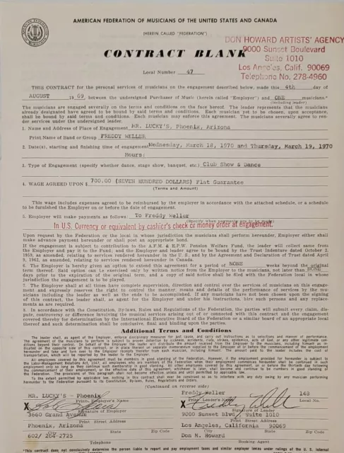 Freddy Weller Signed Autograph Show Contract 1970 Phoenix, AZ Mr Lucky's Country