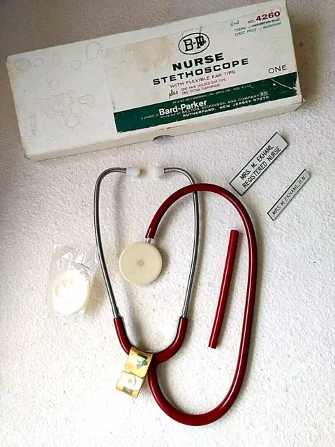 Vtg Bard-Parker Red Tubing Binaural Nurse Stethoscope 4260 Accessories Name Tags