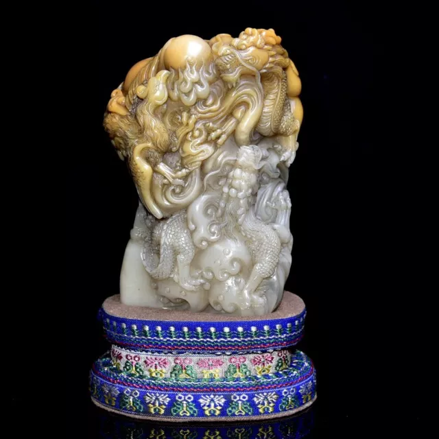 Chinese Exquisite Handmade Dragon Phoenix carving Shoushan Stone Statue Seal