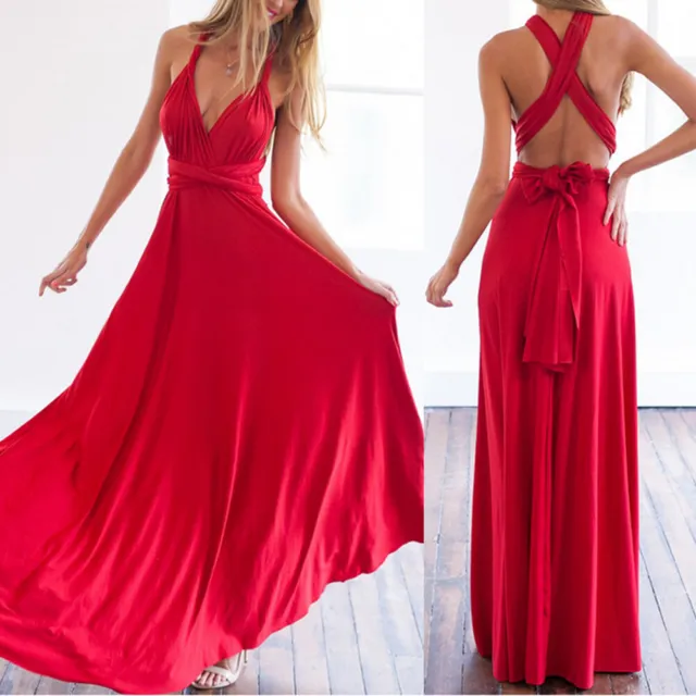 Sexy Donna Boho Maxi Club Vestito Rosso Fascia Abito Lungo Festa Damigelle Au