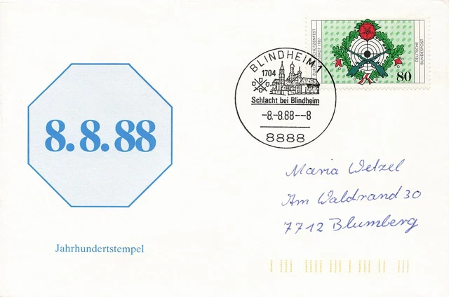 BRD Sonderstempel 8888 Blindheim, 8.8.88 nach 7712 Blumberg