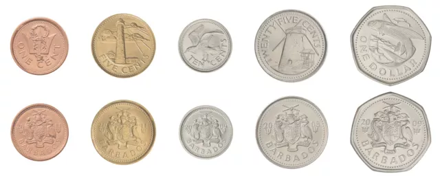 Barbados 1 centavo - 1 dólar juego de 5 piezas, 2008-2011, km #10b-14,2, como nuevo
