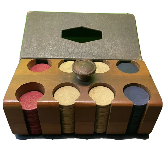Wood Poker Chips And Caddy Vintage