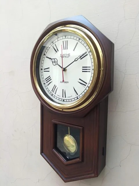 Vintage Wood &Brass Antique 20" Look Solid Pendulum Wall Clock Quartz Movement 2