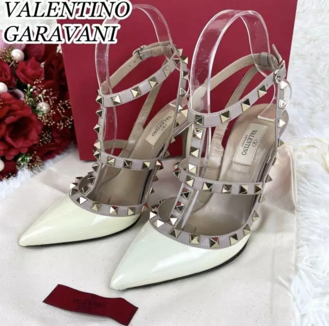 Valentino Garavani Rockstud patent leather strap pumps Ivory size 36.5 US  6.5