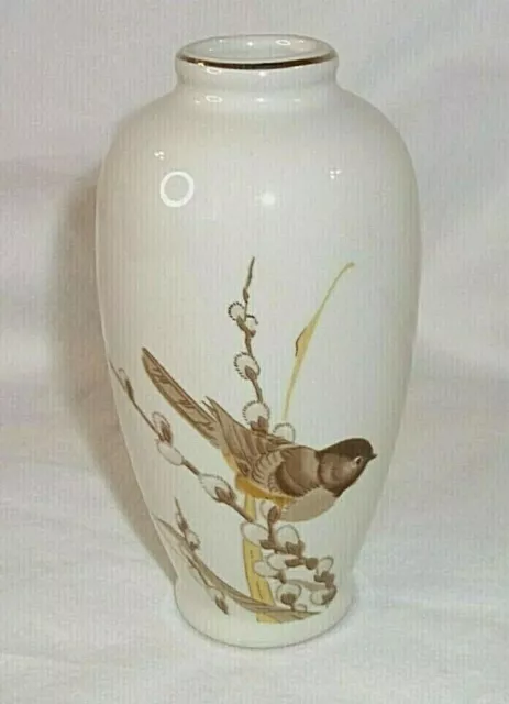 Vintage Otagiri Japan Vase 4 3/8" Chickadee Bird on Pussywillow
