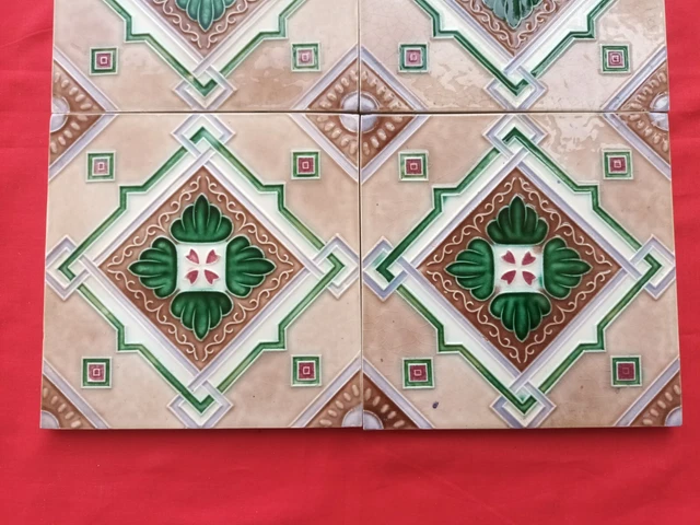 4 Piece Old Art Floral Embossed Design Majolica Ceramic Tiles Japan 0274 3