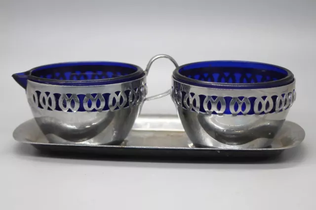 Vintage Silver Metal Cobalt Blue Glass Open Sugar and Creamer Set Serving Tray