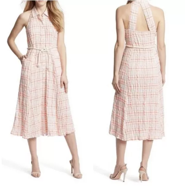 Ella Moss Midi Dress Christina Gingham Button Front Pink Sleeveless Size Large
